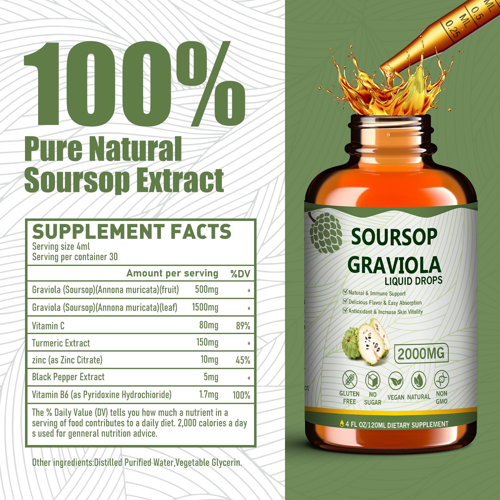 Mosslly Soursop bottle pour demonstrates easy dosing with up to four drops per day