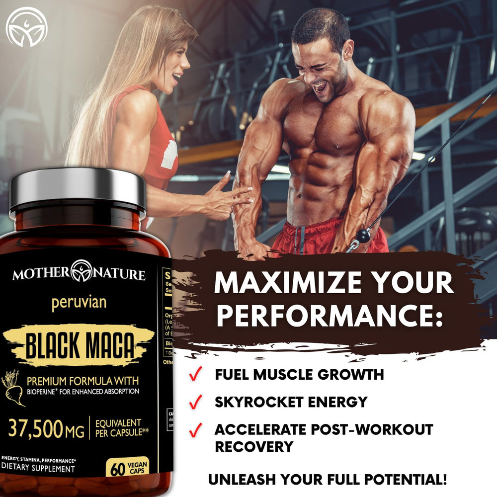 60-count jar of Mother Nature Organics Black Maca for daily performance support.