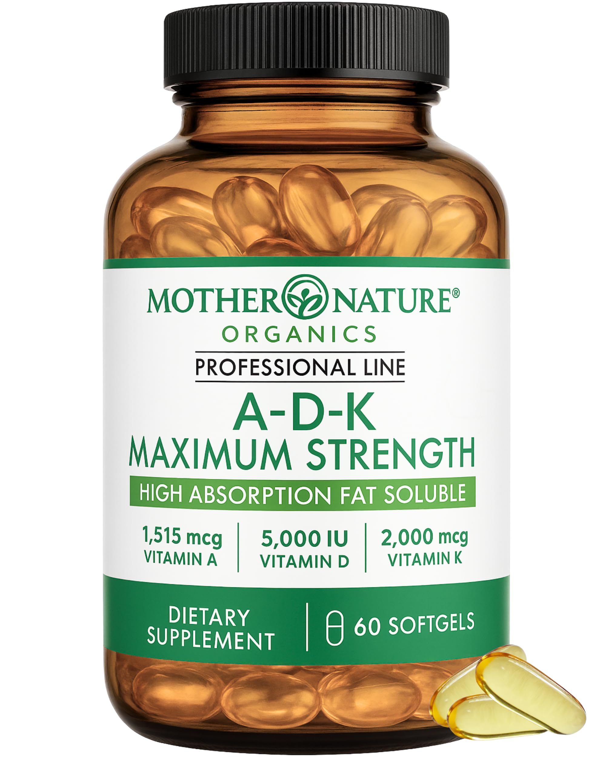 Mother Nature Organics ADK Vitamin Supplement bottle with softgels supporting calcium absorption.