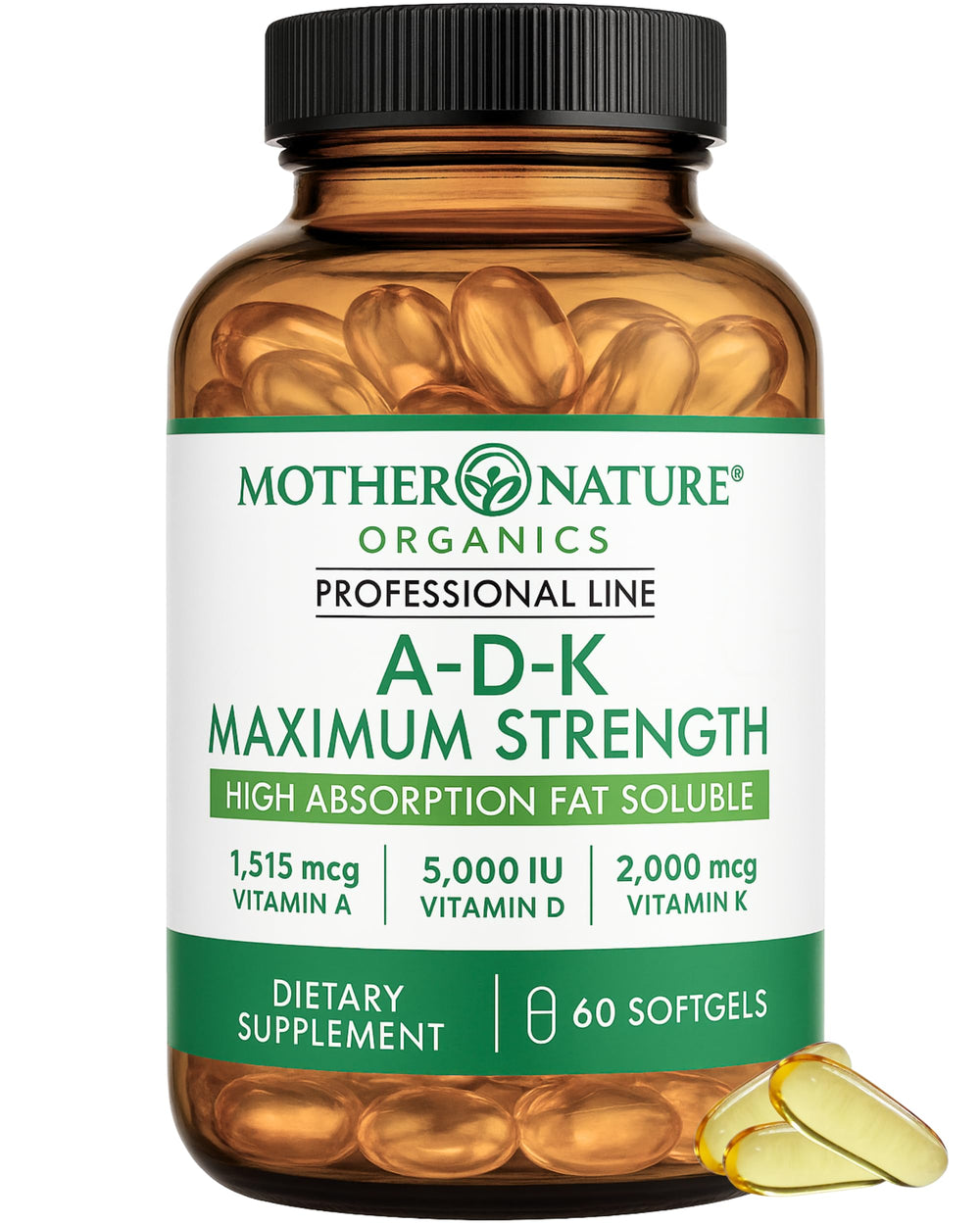 Mother Nature Organics ADK Vitamin Supplement bottle with softgels supporting calcium absorption.