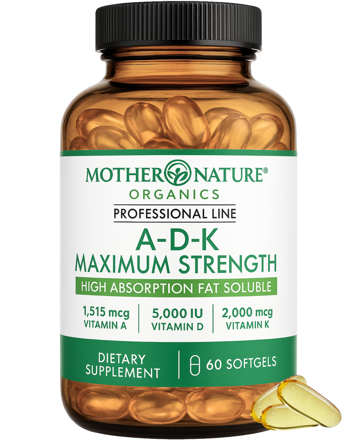 Mother Nature Organics ADK Vitamin Supplement bottle with softgels supporting calcium absorption.