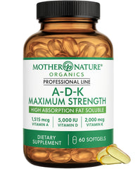 Mother Nature Organics ADK Vitamin Supplement bottle with softgels supporting calcium absorption.