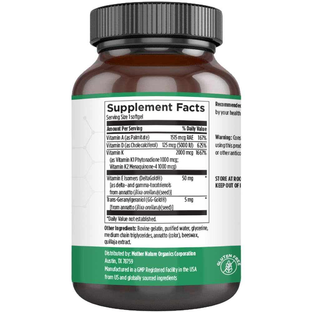 Mother Nature Organics ADK Vitamin Supplement softgels illustrating immune resilience and cardiovascular support.