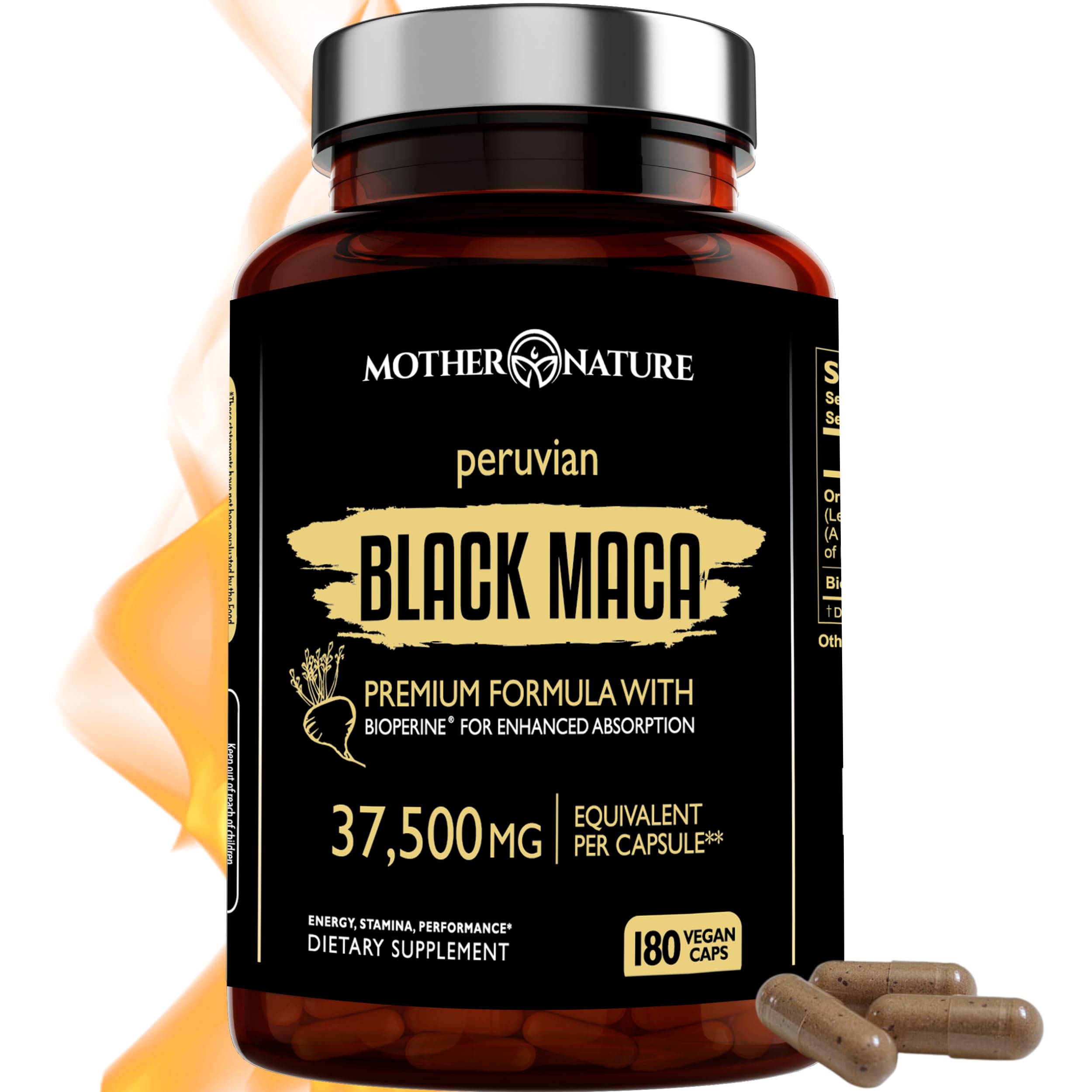 Mother Nature Organics Black Maca 50:1 bottle image supports energy for active days