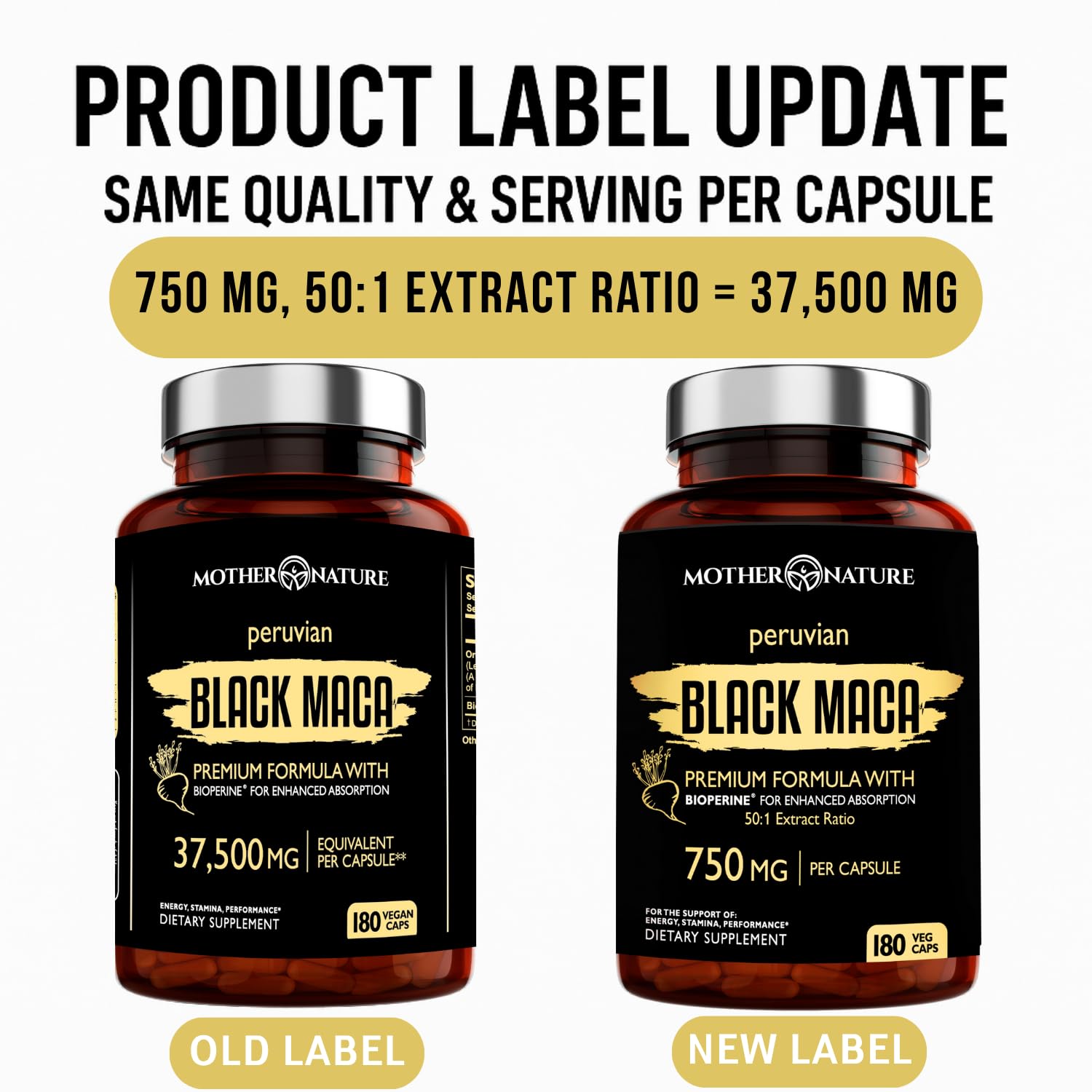 Mother Nature Organics Black Maca 50:1 extract capsules close-up highlights daily supplement