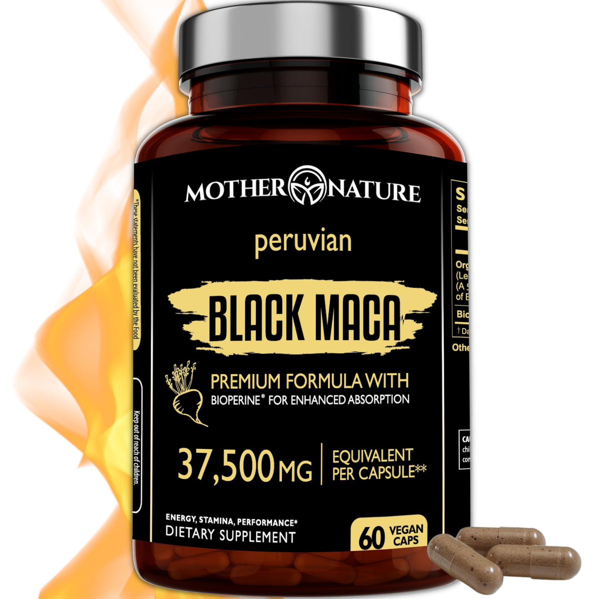 Mother Nature Organics Black Maca 50:1 extract capsules for sustained energy.