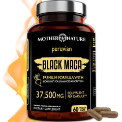 Mother Nature Organics Black Maca 50:1 extract capsules for sustained energy.