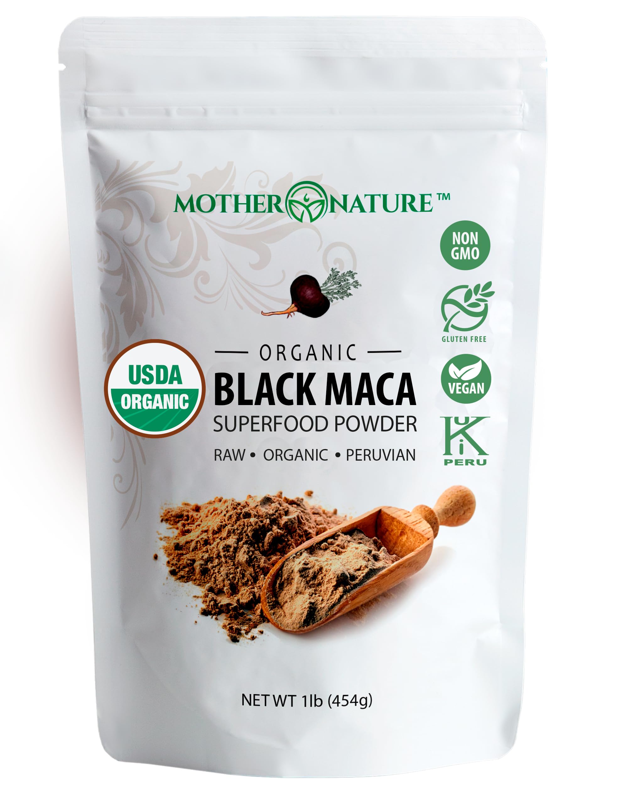 Mother Nature Organics Black Maca Powder bag closeup showing energy-boosting potential