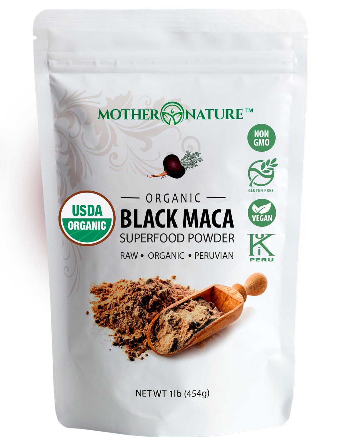 Mother Nature Organics Black Maca Powder bag closeup showing energy-boosting potential
