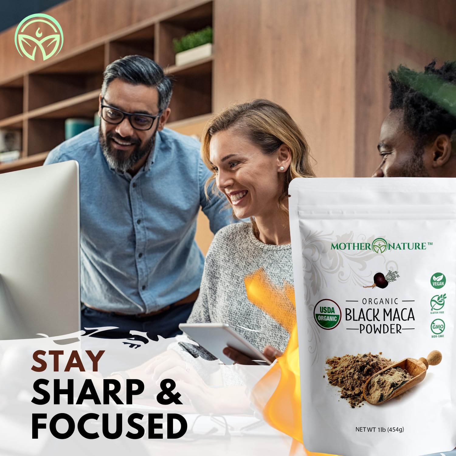 Mother Nature Organics Black Maca Powder non-GMO label highlighting clean nutrition