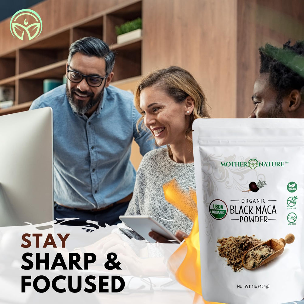 Mother Nature Organics Black Maca Powder non-GMO label highlighting clean nutrition