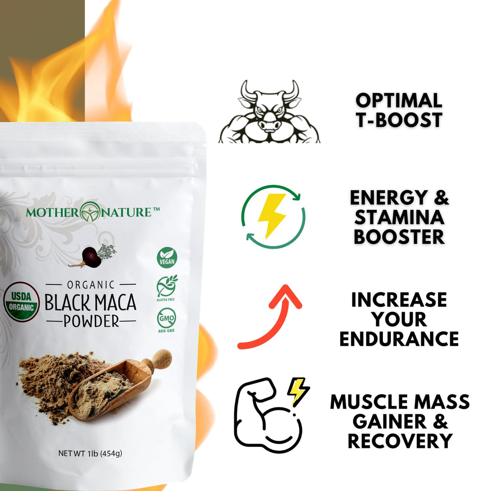 Mother Nature Organics Black Maca Powder resealable pouch on countertop