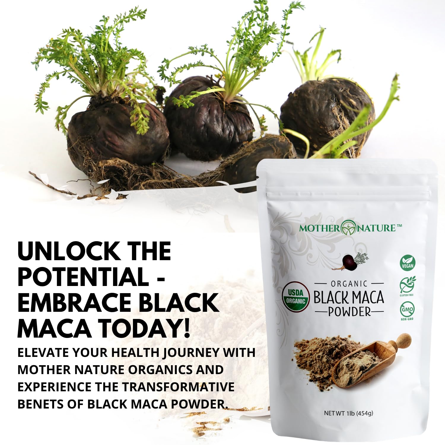 Mother Nature Organics Black Maca Powder pouring into a smoothie