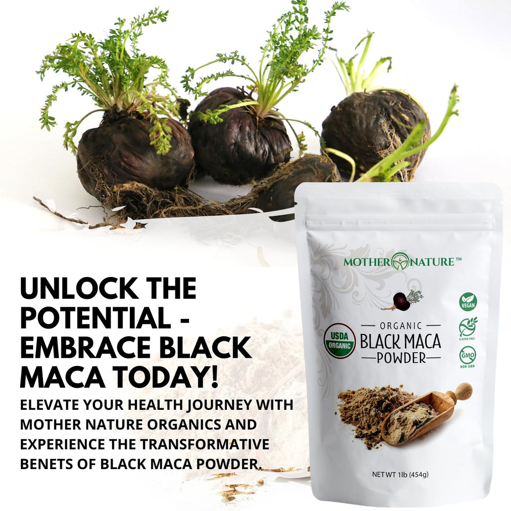 Mother Nature Organics Black Maca Powder pouring into a smoothie