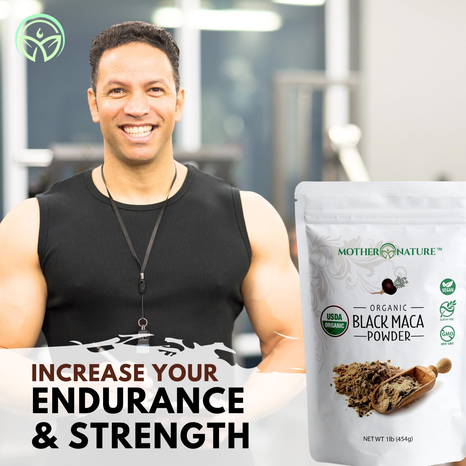 Mother Nature Organics Black Maca Powder scoop in glass ready for a workout shake
