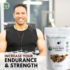 Mother Nature Organics Black Maca Powder scoop in glass ready for a workout shake