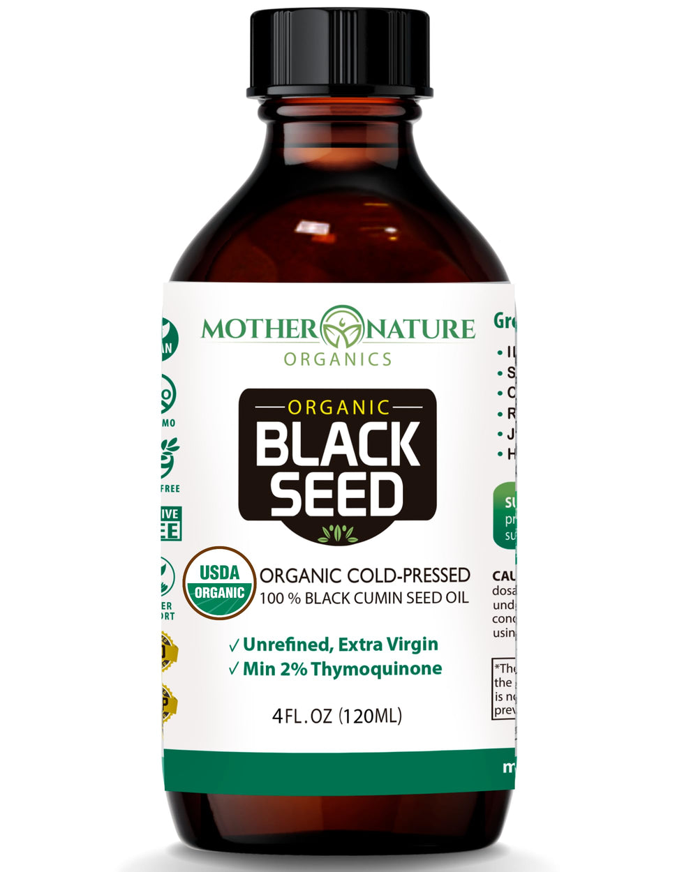 Mother Nature Organic Black Seed Oil bottle front for pure wellness.