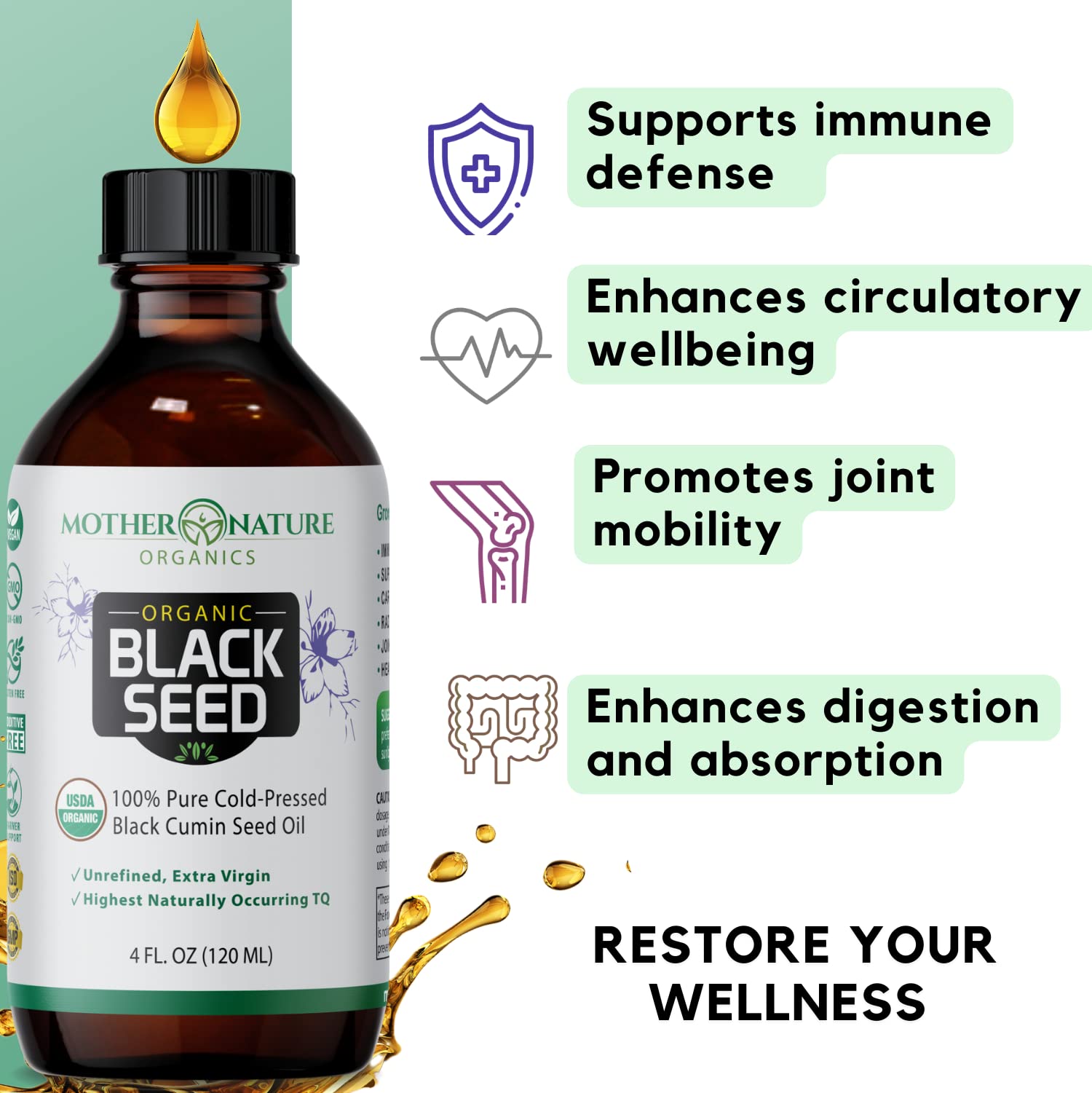 Mother Nature Organic Black Seed Oil label detail shows organic, non-GMO ingredients for daily wellness.