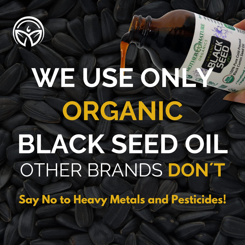 Mother Nature Organic Black Seed Oil omega-3-6-9 blend shown in lifestyle routine.