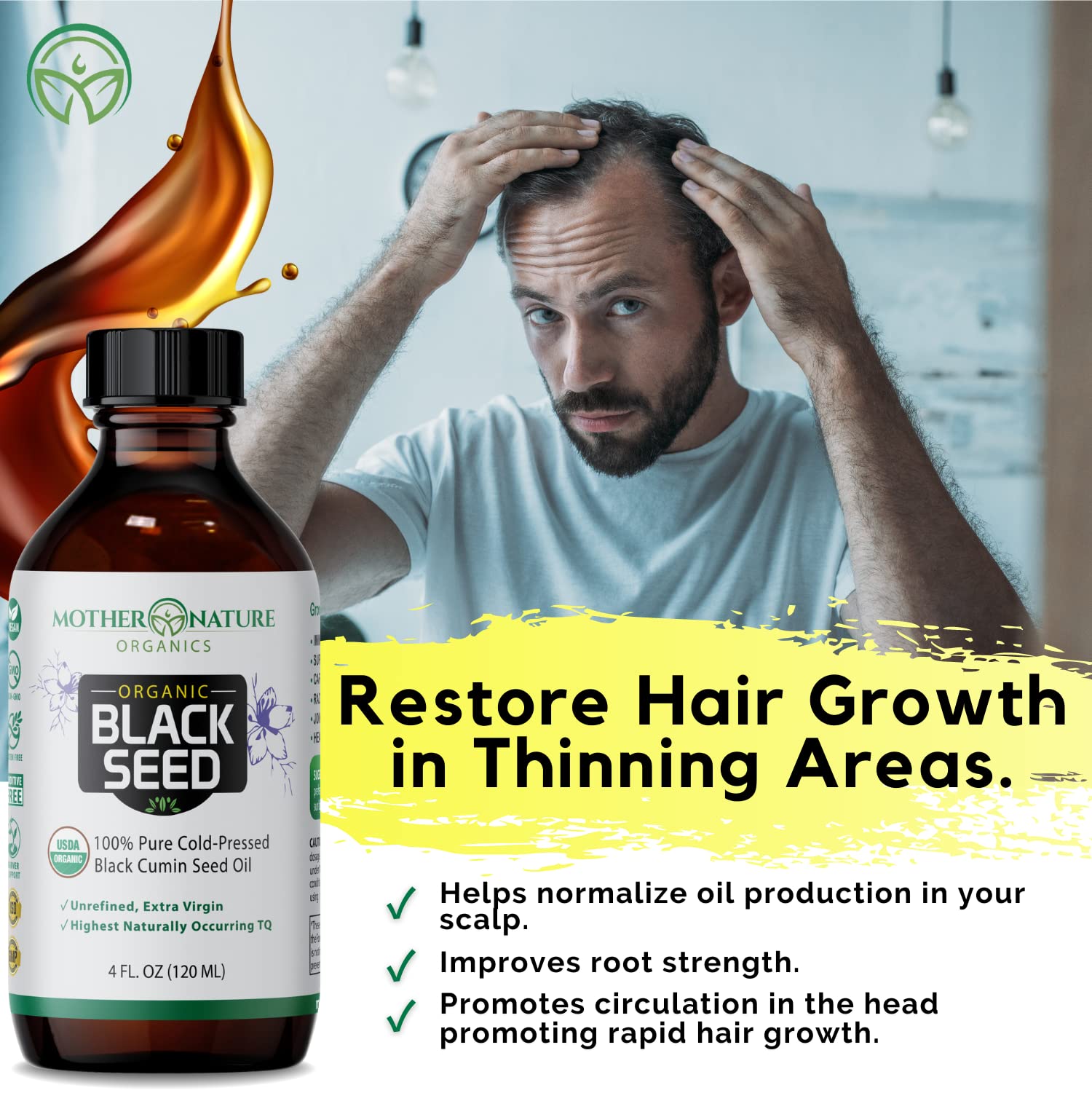 Mother Nature Organic Black Seed Oil pour shot for easy daily dosing.