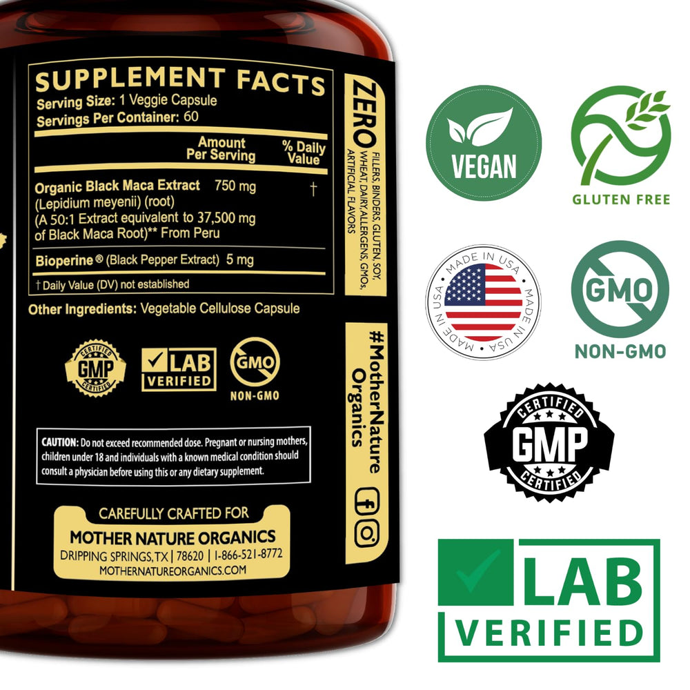 USA-made GMP facility label on Mother Nature Organics maca packaging.