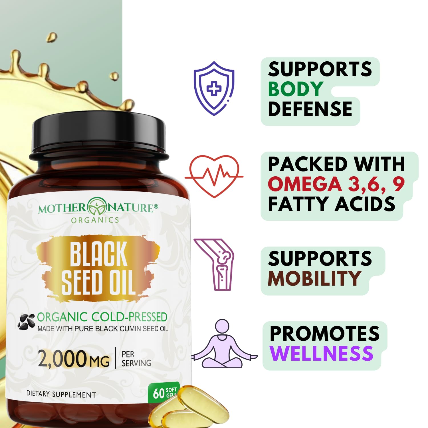 Amber glass bottle of Mother Nature Organics Superfoods for Organic Living with non-GMO hexane-free formula.