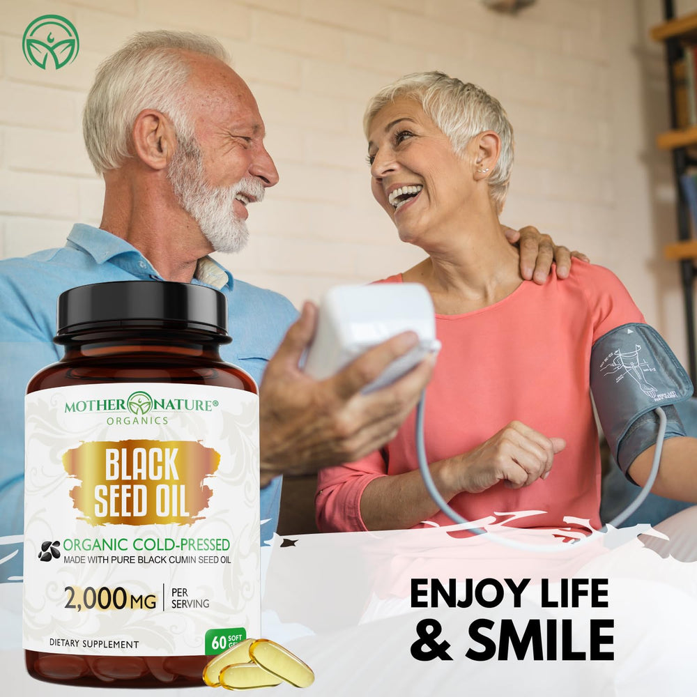 Close-up of Mother Nature Organics Superfoods for Organic Living black seed oil softgels showing premium quality.