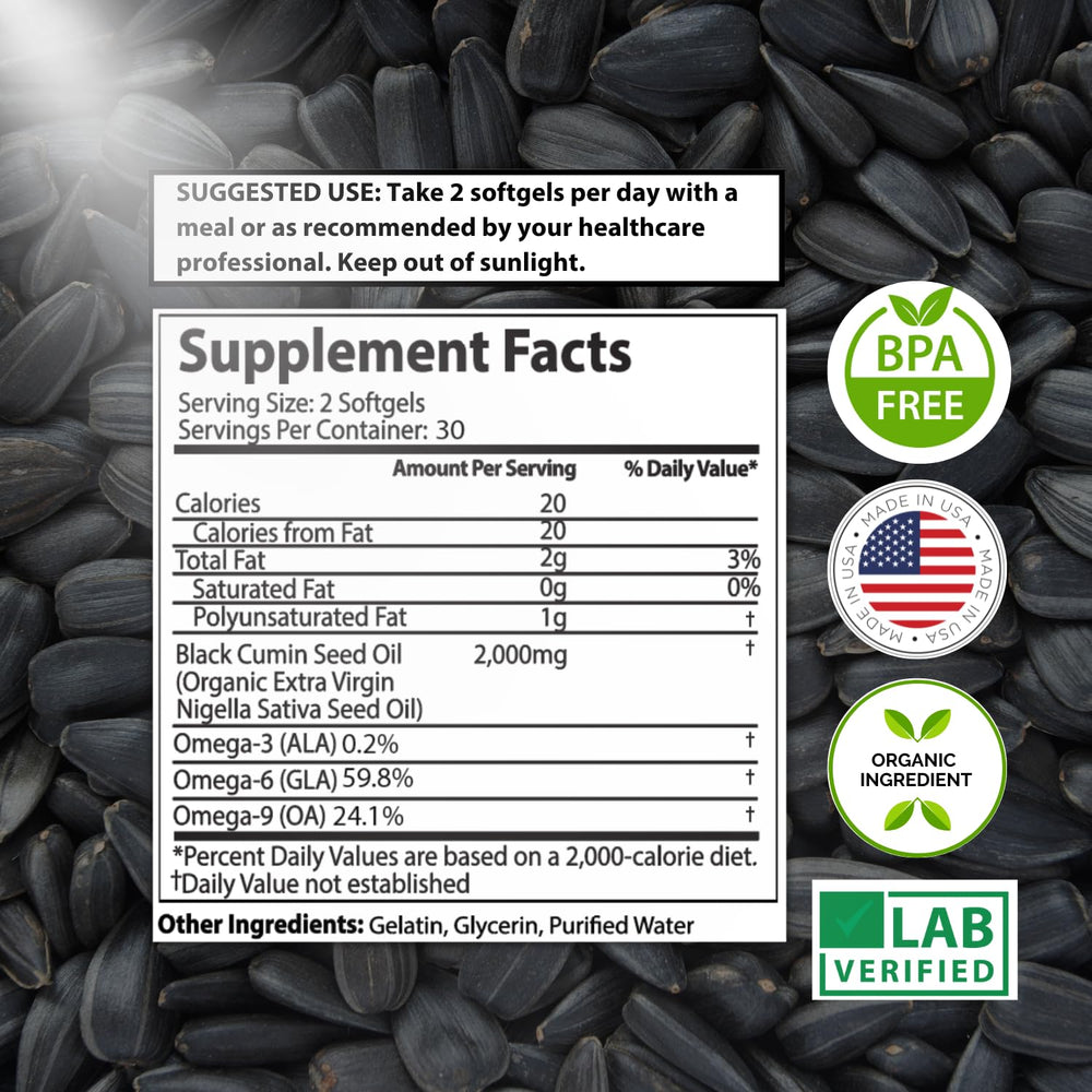 Pouring Mother Nature Organics Superfoods for Organic Living black seed oil softgels from amber bottle for easy daily dosing.