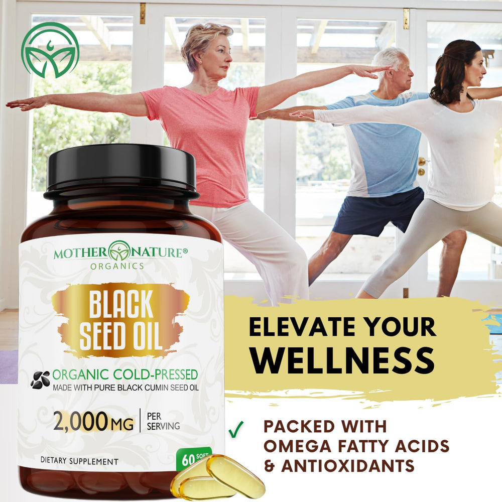 Mother Nature Organics Superfoods for Organic Living packaging with third-party testing seal for purity and safety.