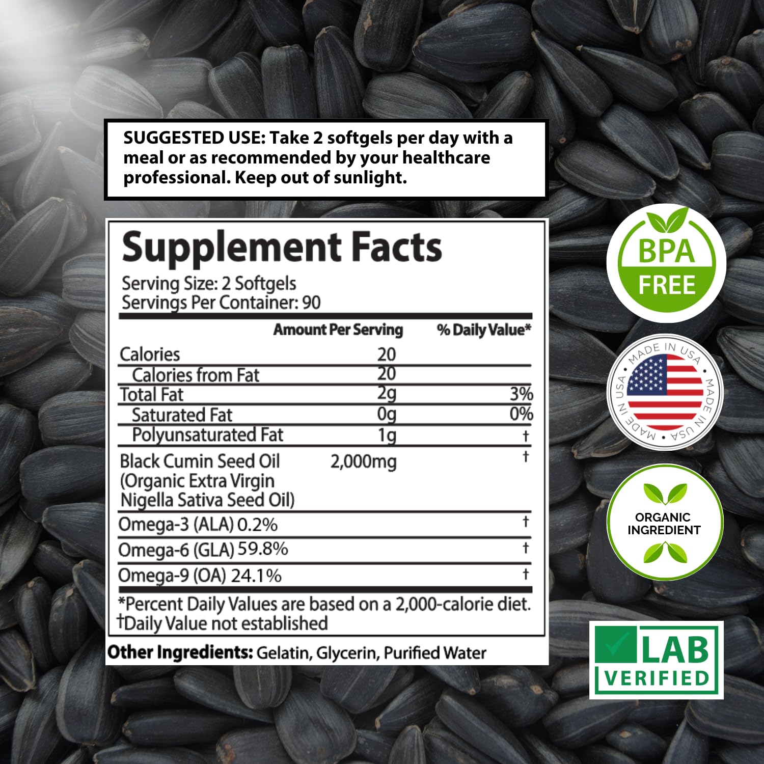 Graphic illustrating thymoquinone content in Mother Nature Organics oil.