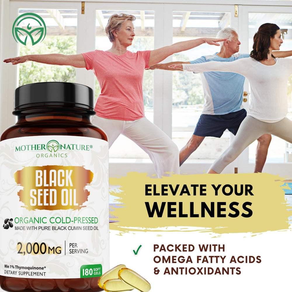 USA-made manufacturing label for Mother Nature Organics black seed oil capsules.