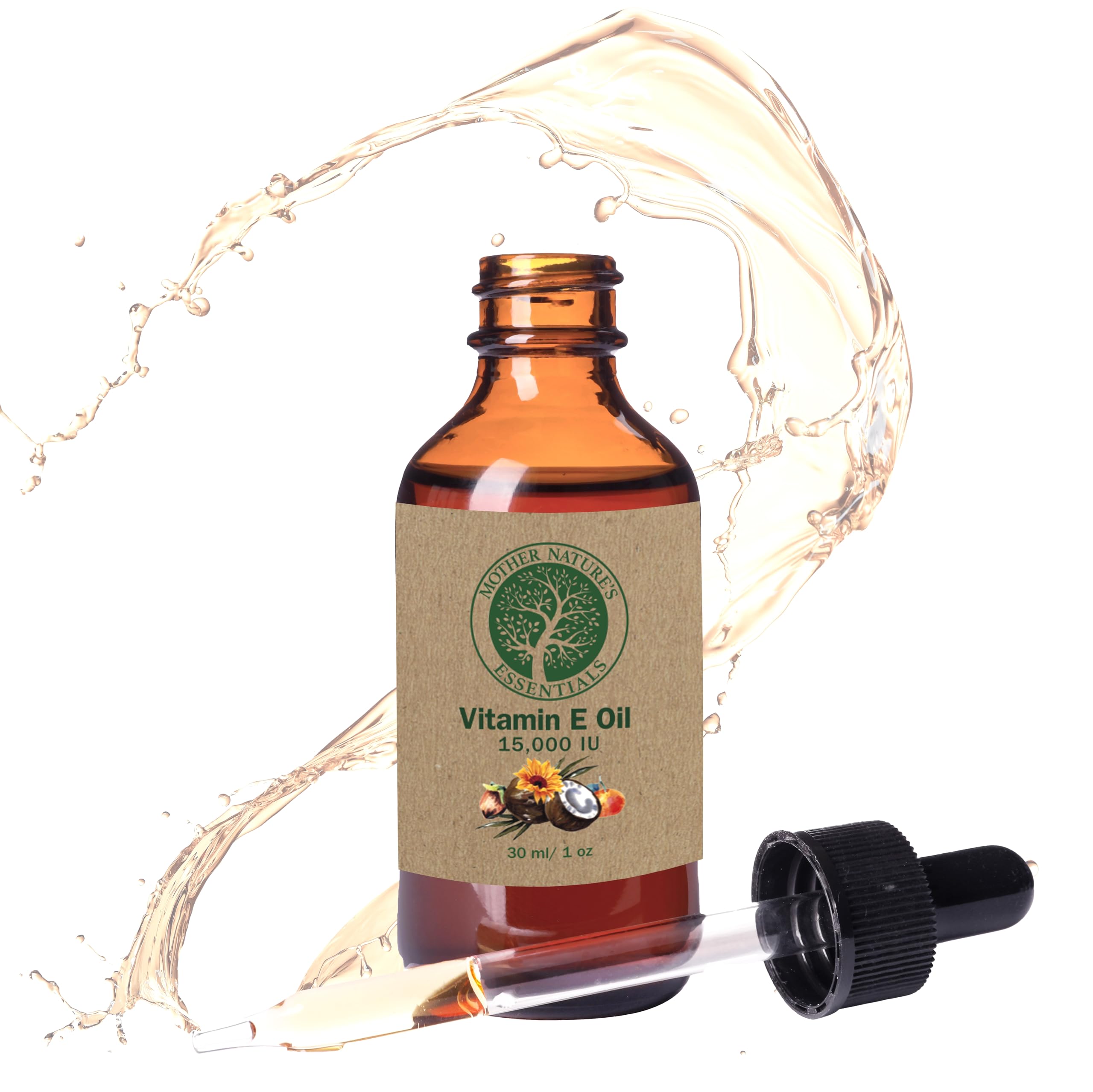 Mother Nature's Essentials Vitamin E Oil bottle cap close-up for precise application.