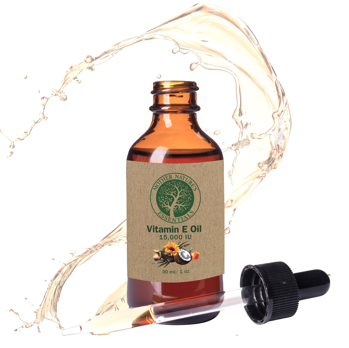 Mother Nature's Essentials Vitamin E Oil bottle cap close-up for precise application.