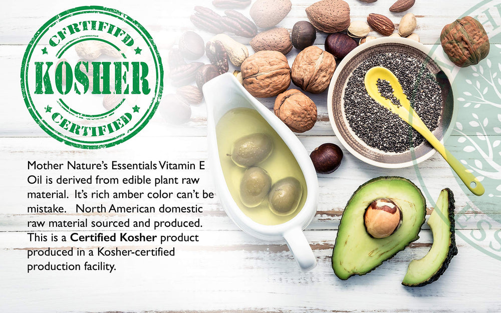 Packaging of Mother Nature's Essentials Vitamin E Oil emphasizes purity and kosher status