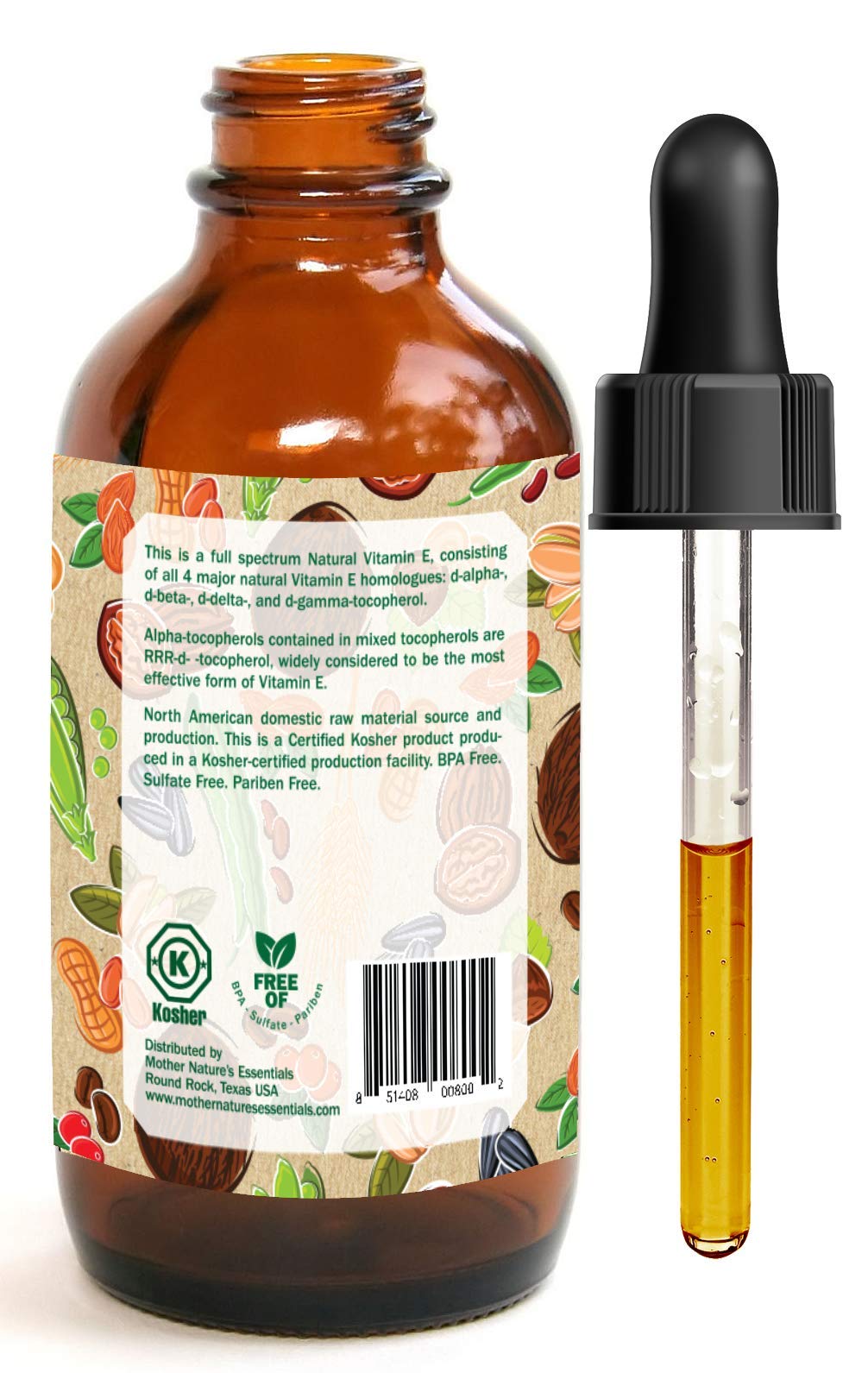 Kosher-certified, additive-free Vitamin E Oil label showcasing trust and purity