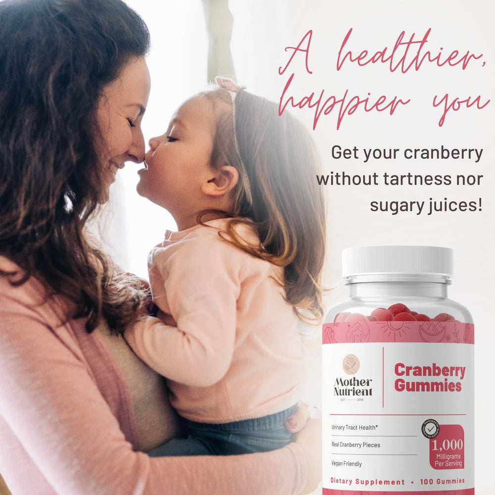 Mother Nutrient Cranberry Gummies bottle side highlights easy daily dosing for families.