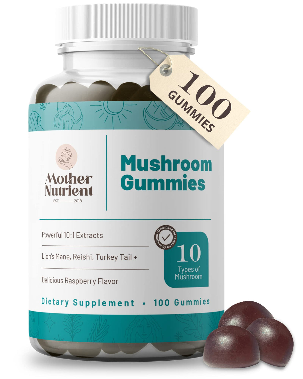 Mother Nutrient Mushroom Gummies bottle front for easy daily wellness.