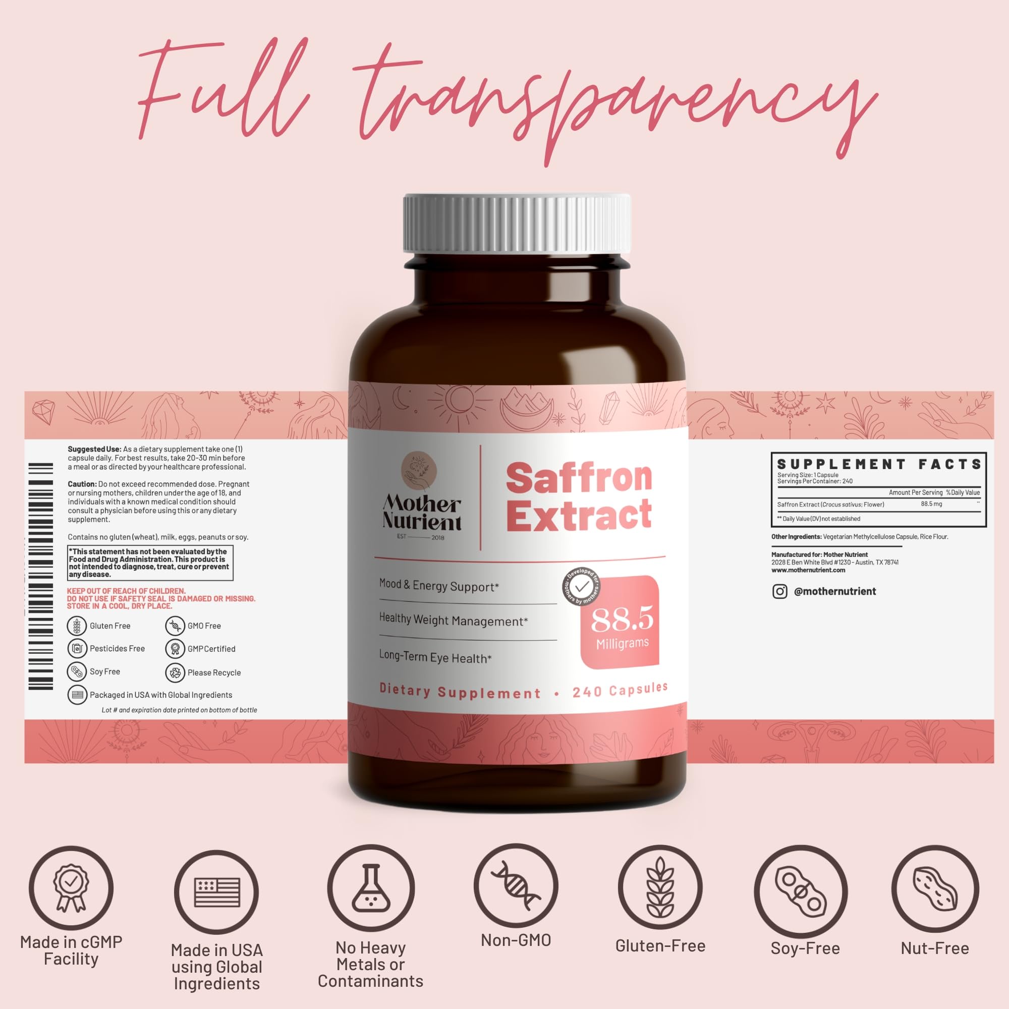Mother Nutrient packaging box communicates seven-month value and USA manufacturing.