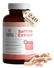 Mother Nutrient saffron extract bottle pour shows high-potency capsules.