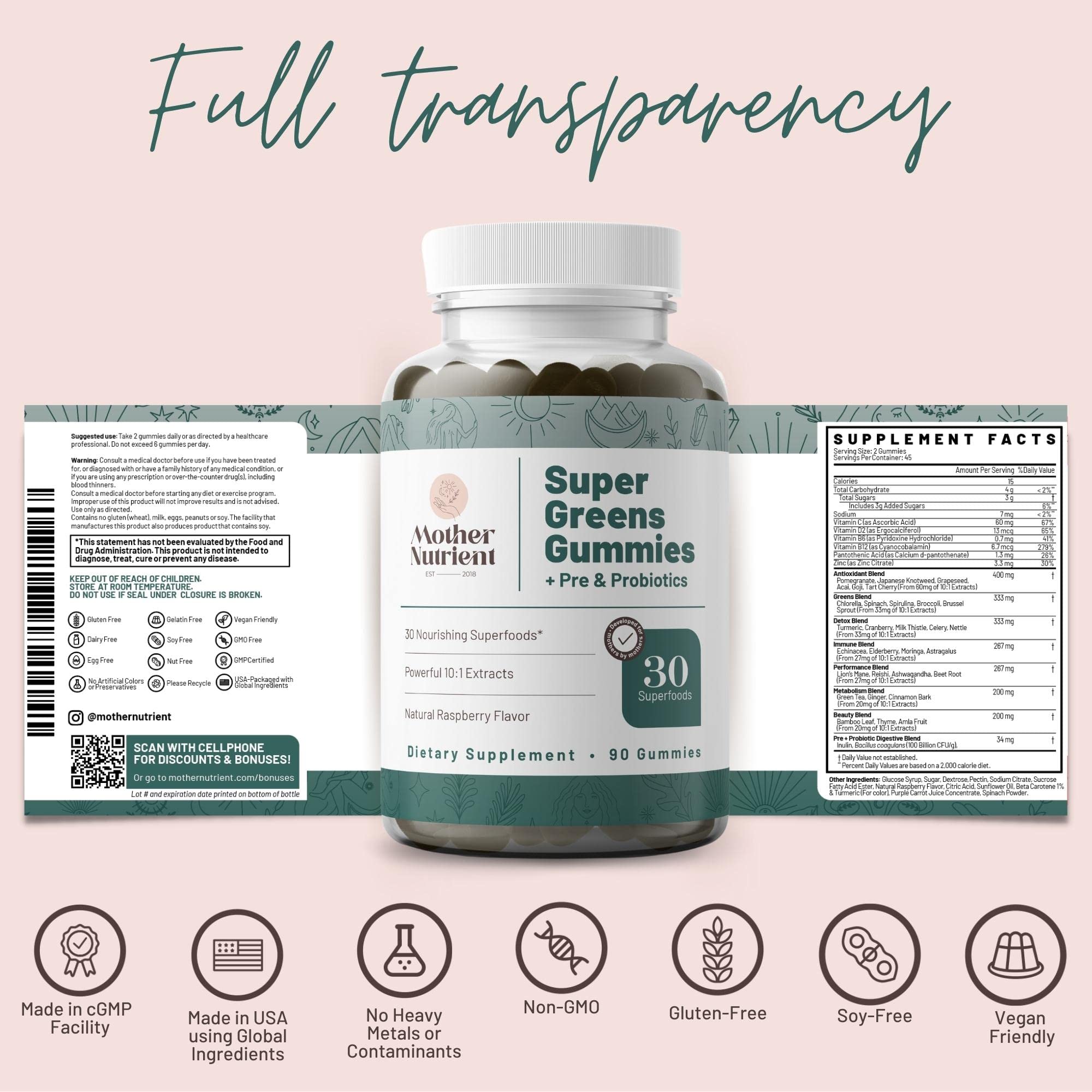Mother Nutrient Super Greens Gummies packaging highlights 90 gummies for a 45-day supply.