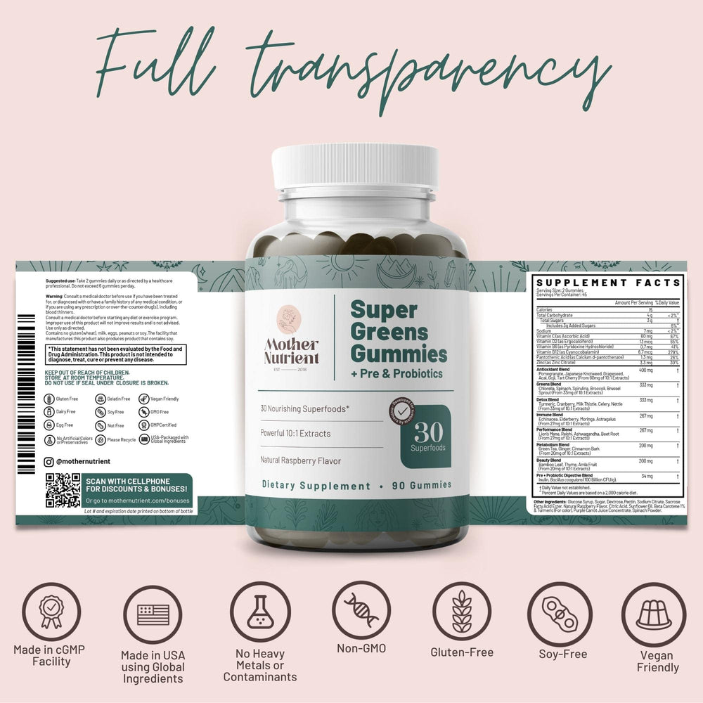 Mother Nutrient Super Greens Gummies packaging highlights 90 gummies for a 45-day supply.