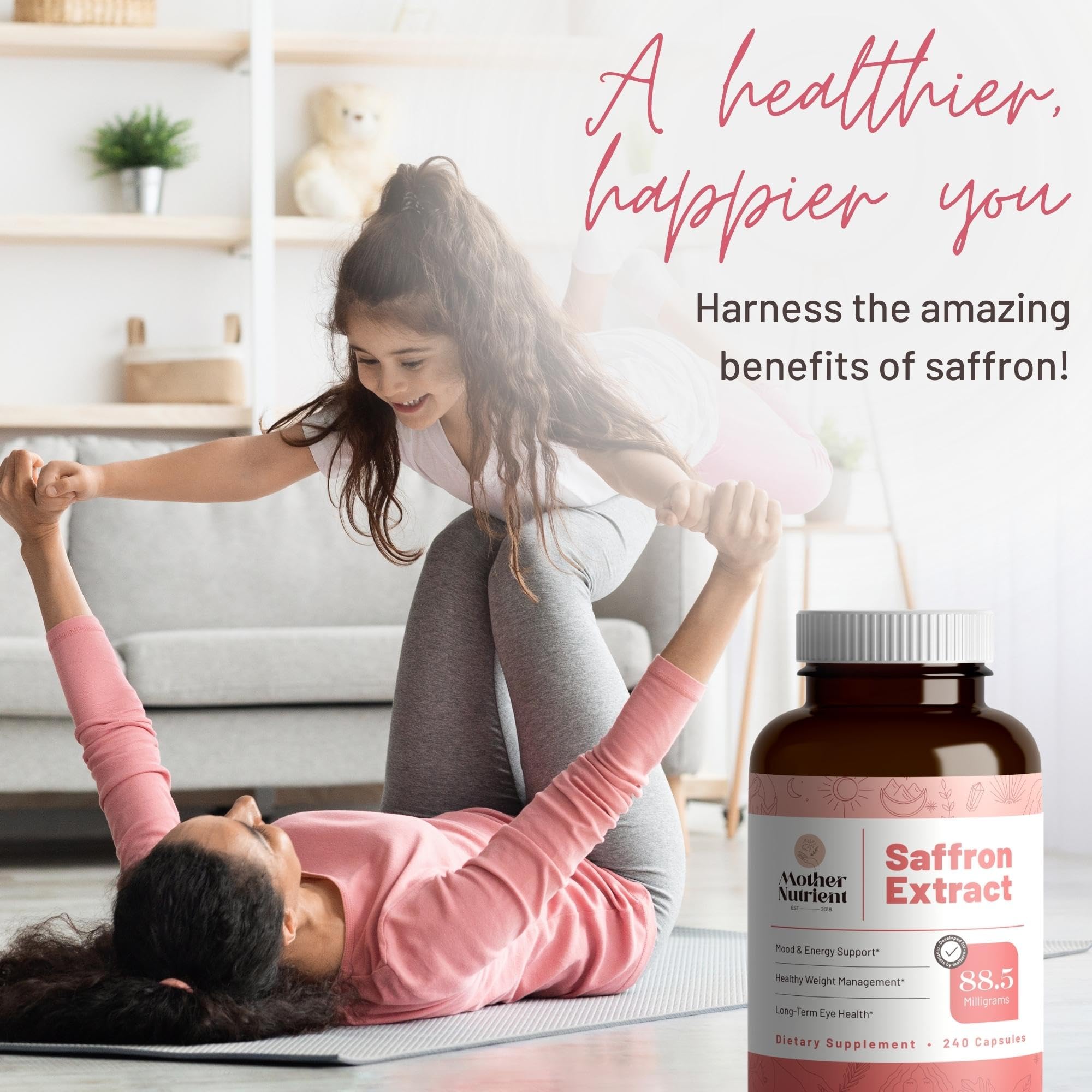 Mother Nutrient veggie capsules close-up highlights vegan-friendly saffron option.