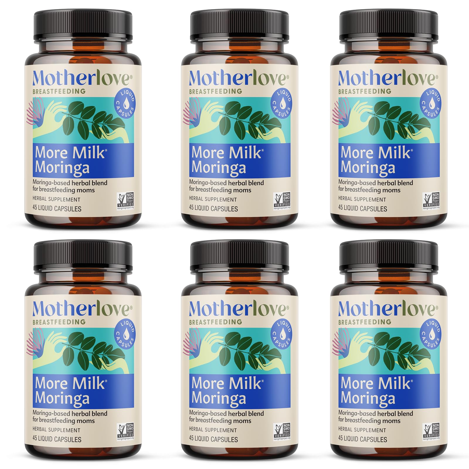 Motherlove More Milk Moringa bottle closeup highlighting organic herbal blend for nursing support.