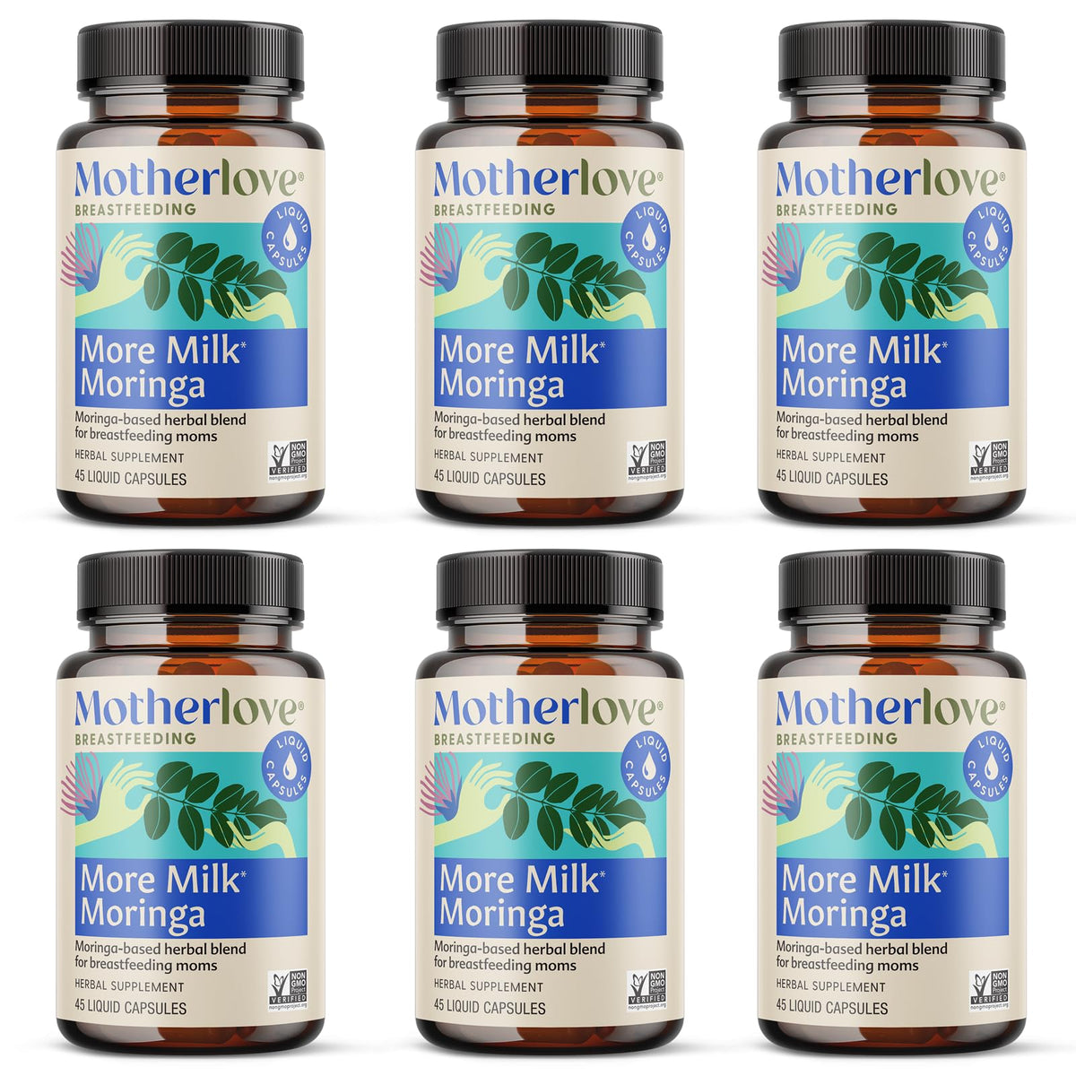 Motherlove More Milk Moringa bottle closeup highlighting organic herbal blend for nursing support.