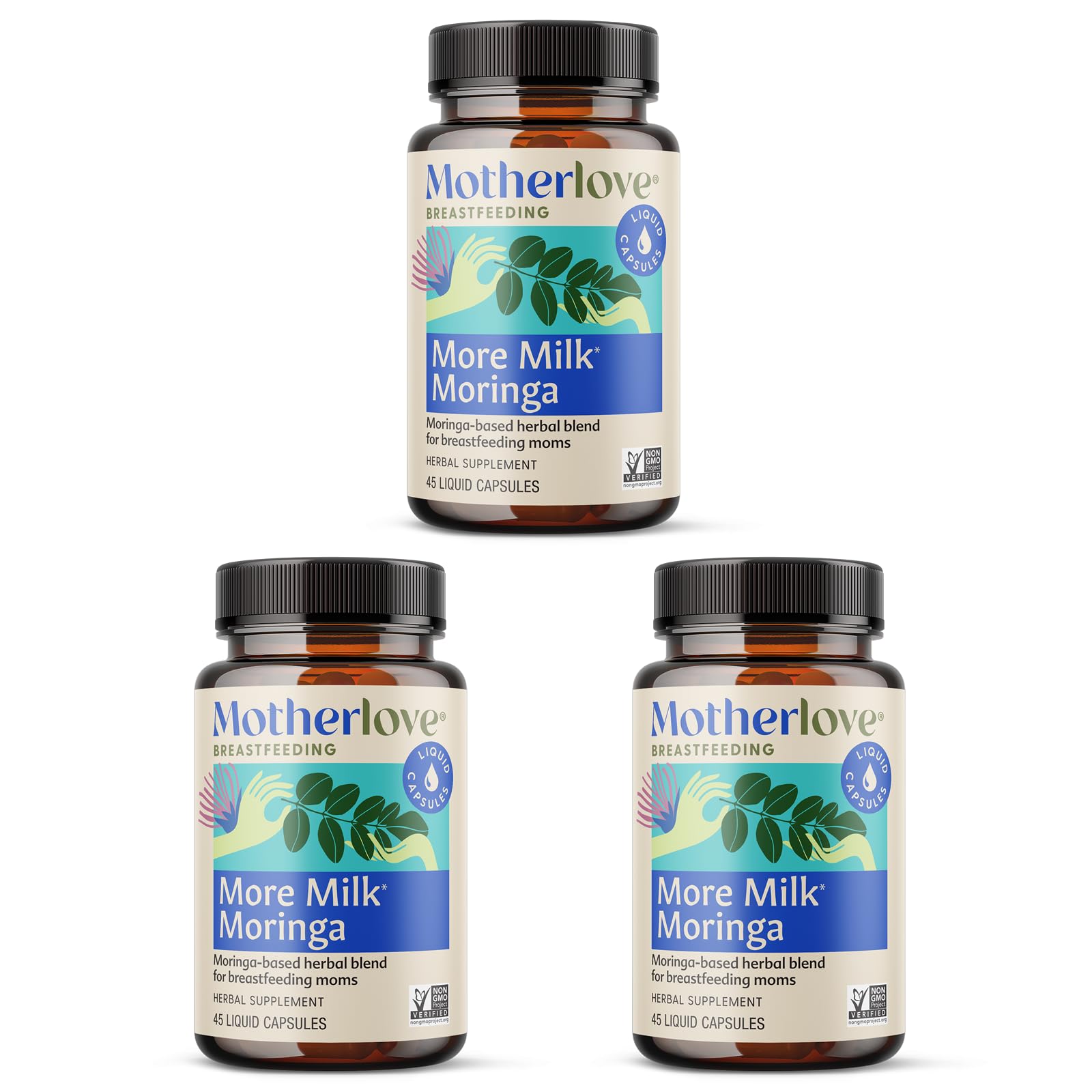 Motherlove More Milk Moringa bottle shown, may support lactation alongside nursing routines