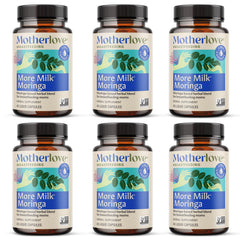 Motherlove More Milk Moringa bottle closeup highlighting organic herbal blend for nursing support.
