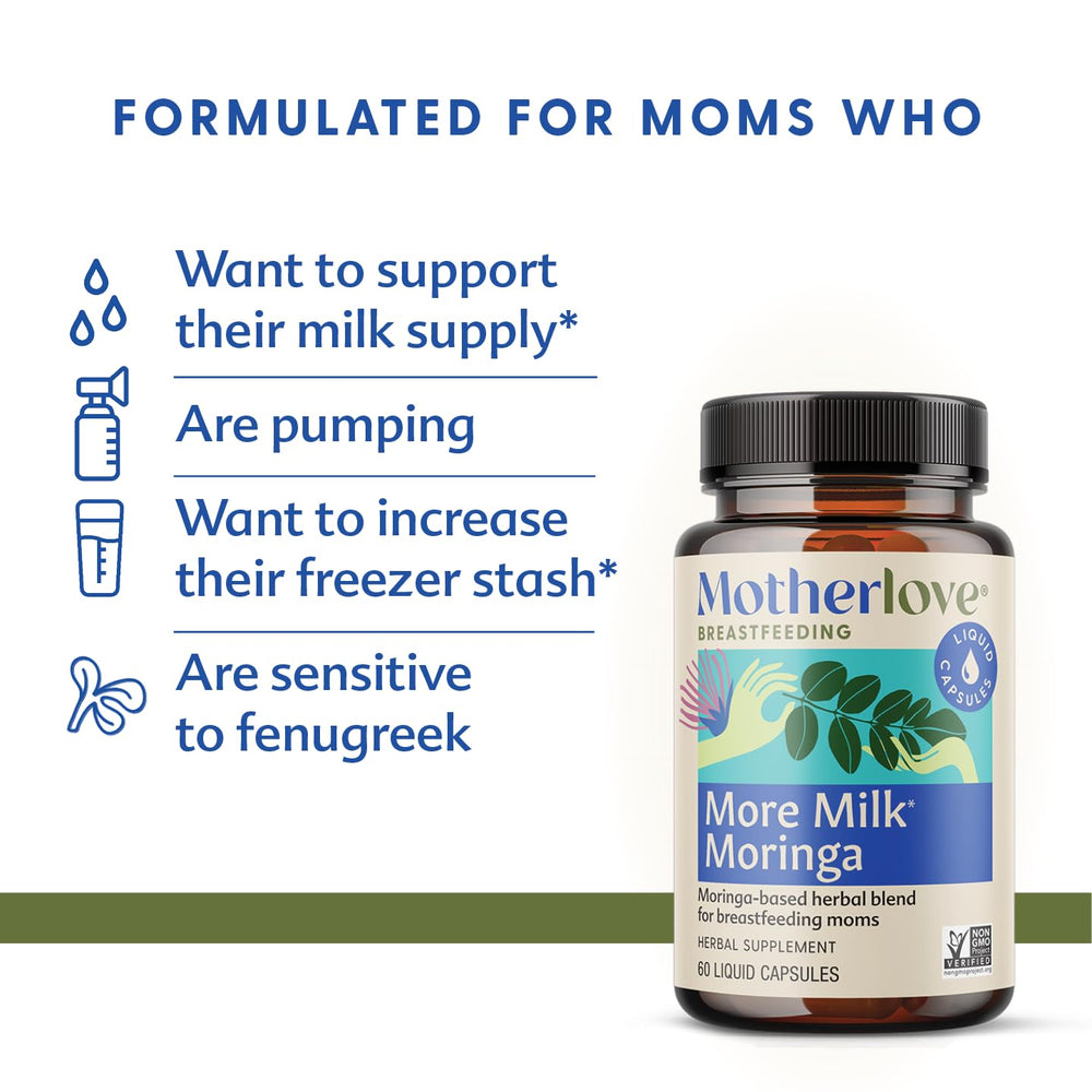 Motherlove More Milk Moringa capsules beside water for easy daily lactation support.