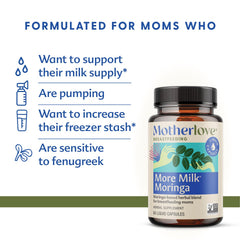Motherlove More Milk Moringa capsules beside water for easy daily lactation support.