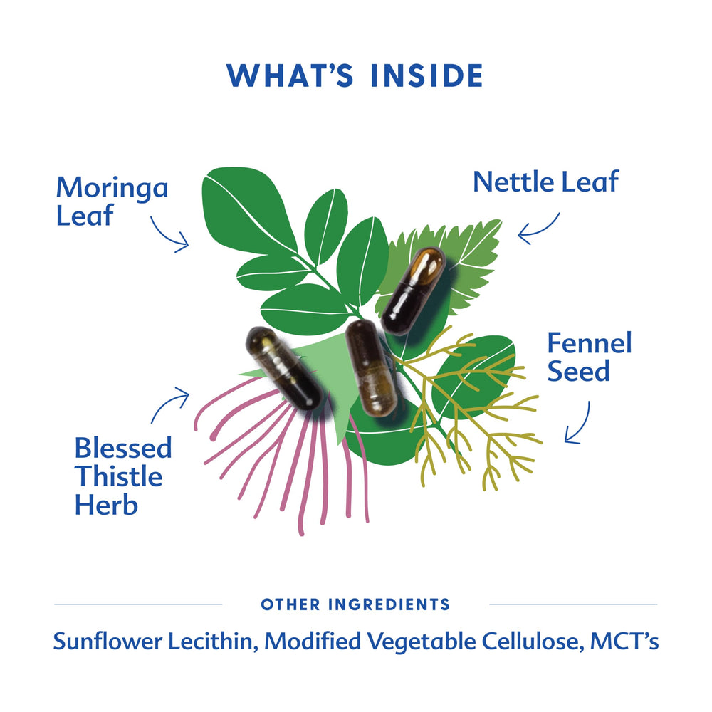 Label close-up on More Milk Moringa packaging highlighting organic herbs
