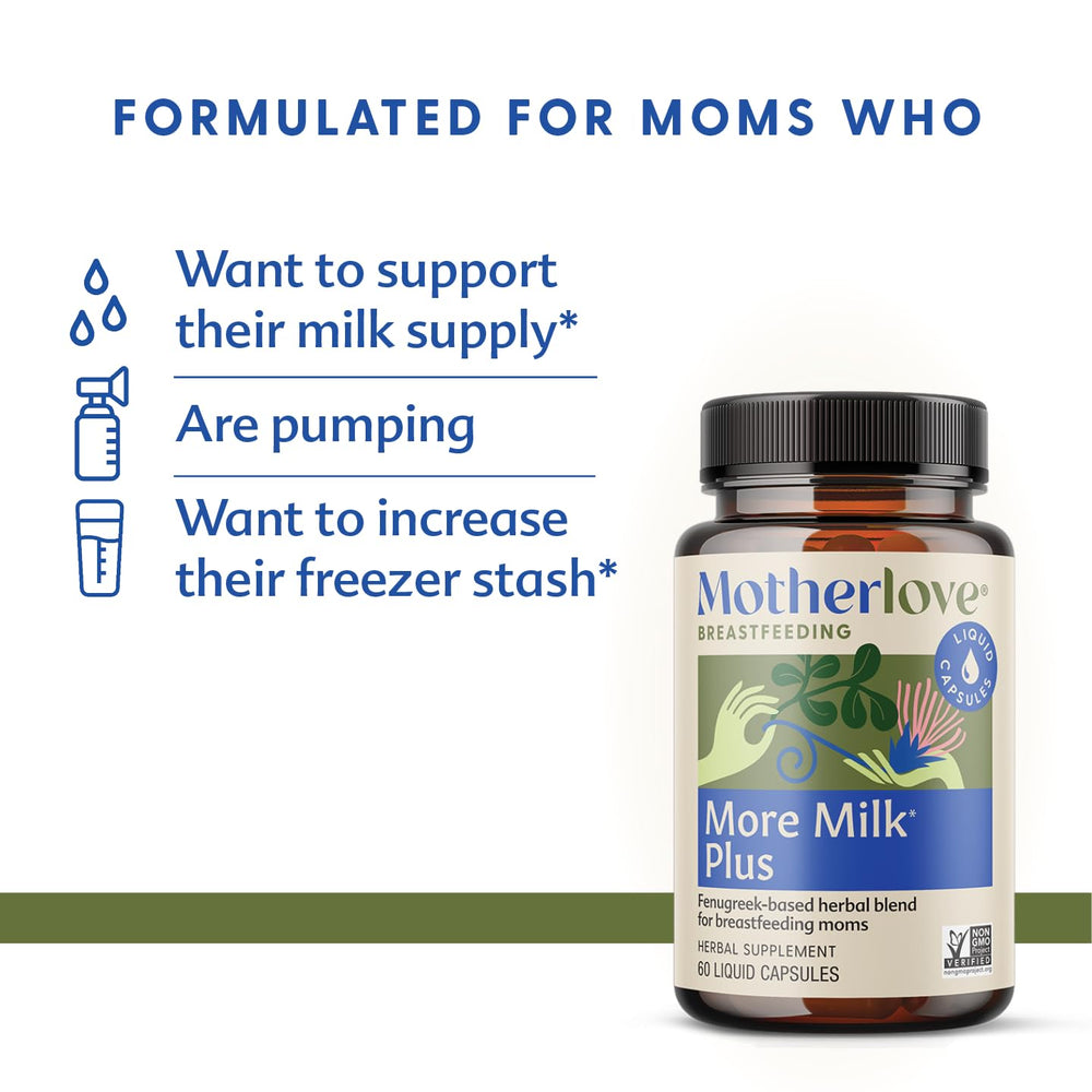 Motherlove More Milk Plus bottle back highlighting ingredients and certifications
